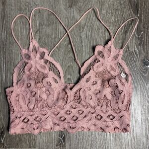 Free People FP One Adella Bralette Lace Criss Cross Rose Smocked Crop Top S